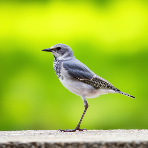 Capture a side view of a gray and white bird standing on a flat surface with a softly blurred green background, use a DSLR camera, settings: aperture f/4, ISO 100, shutter speed 1/500s, natural light, focusing on the bird with a bokeh effect for enhanced image quality.