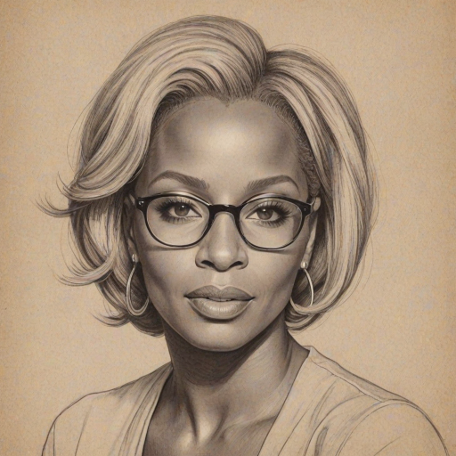 Lovely Mary J. Blige, pencil sketch, portrait of Fetching woman 1947s in glasses, hair style beatnik, outline, clear lines, fine lines, 8k