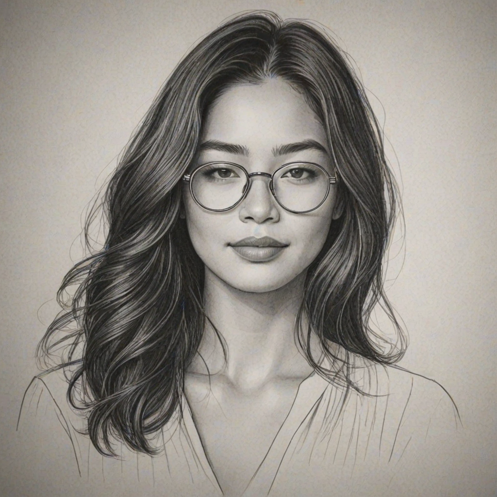 Bewitching Jessica Gomes, pencil sketch, portrait of Splendid woman 1927s in glasses, hair style beatnik, outline, clear lines, fine lines, 8k