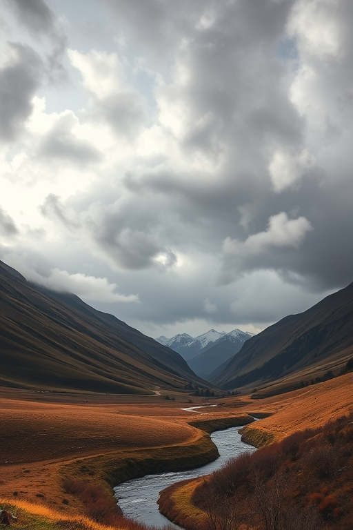 Mountain valley landscape during overcast skies, emphasizing dramatic cloud formations, with a winding creek in the foreground, captured with a Canon EOS R5, 24mm lens, f/8 aperture, ISO 100, and a focal length of 24mm for a wide-angle view.