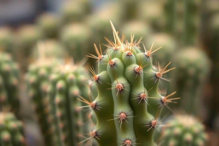 close-up of a green cactus with distinctive spines in a blurred background of similar cacti, f/2.8 aperture, 50mm lens, ISO 100, natural light, macro photography, DSLR camera