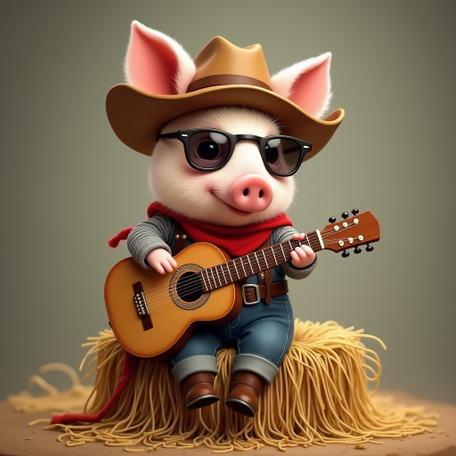 A chibi pig, dressed as a cowboy, playing guitar, sitting on a hay bale
