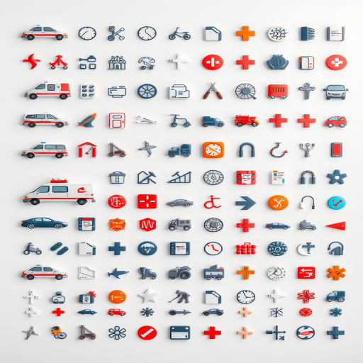 Create a high-resolution image of various transport and medical icons arranged in a grid format, using a Canon EOS 5D Mark IV camera with a 50mm lens, aperture set to f/8, ISO 200, and a standard view, with a clean and minimalist design.