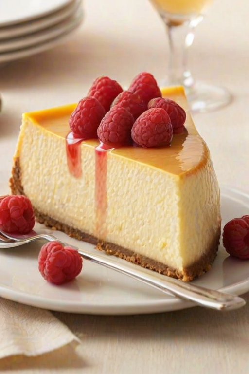 Create an image of a creamy cheesecake with a golden-brown top and a smooth texture. The cheesecake should be partially sliced to show its rich interior, and it should be garnished with fresh raspberries on top. The background should be simple and neutral to emphasize the dessert.