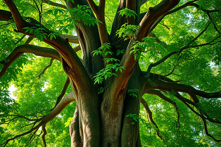 Create a detailed illustration of a large, lush green tree with a thick trunk and vibrant leaves, captured with a Canon EOS R5, 50mm lens, f/2.8 aperture, ISO 100, soft natural lighting, and a shallow depth of field to enhance the richness of the greens and the texture of the bark.