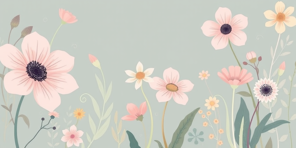 Create a high-quality illustration of various flowers and leaves in a minimalist style with a soft pastel color palette, using a digital painting technique, with 300 DPI resolution, viewed from a slightly angled top-down perspective to enhance depth.