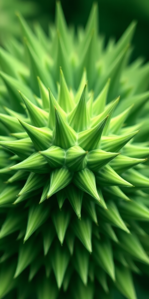 Generate a detailed fractal pattern resembling green spikes with a smooth gradient texture, captured using a DSLR camera at f/8 aperture, ISO 100, 50mm lens, in macro view for enhanced detail and clarity.