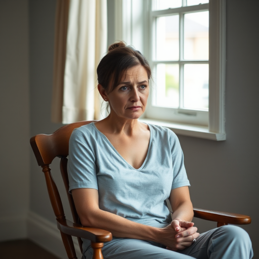 A woman sitting in a wooden chair, looking distressed, soft natural light from a window, shoot at f/2.8 for shallow depth of field, ISO 400, 50mm lens, captured in a portrait view using a DSLR camera.