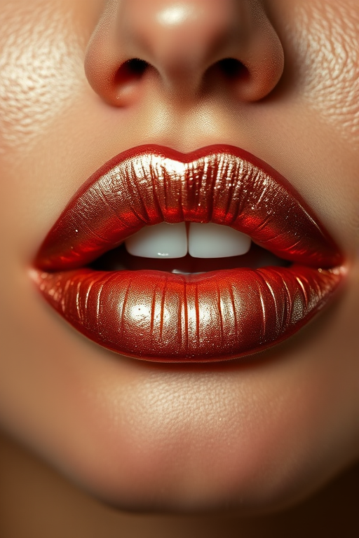 Sultry woman lips featuring a shimmering rose gold metallic shade, multidimensional and eye-catching, soft and pillowy, catching the light beautifully