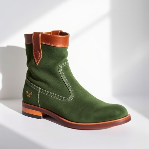 Generate a high-quality image of a green suede boot with a brown leather collar, shot in soft natural light, using a DSLR camera with a 50mm lens at f/1.8, ISO 100, and a shallow depth of field, focused on the boot against a white background.