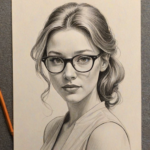 Magnificent Sarah Roemer, pencil sketch, portrait of Graceful woman 1957s in glasses, hair style beatnik, outline, clear lines, fine lines, 8k