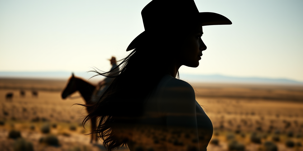 "Create a Double exposure", a silhouette "profile portrait of a young cowgirl" with long hair "superimposed" against a long shot of a cowgirl riding a horse across the plains, fantastic view, 32k, cinematic, hyper-realistic.