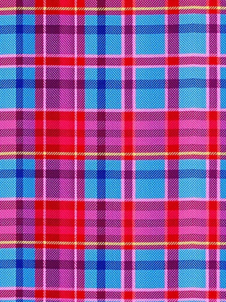 Create a high-resolution image of a multi-colored plaid pattern with varying shades of blue, red, and pink, using a DSLR camera, with an aperture of f/8, a shutter speed of 1/125 sec, ISO 200, with a top-down view, and a macro lens for detailed texture.