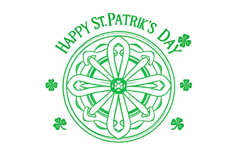 Create an intricate design celebrating St. Patrick's Day featuring a green Celtic knot with a cross at the center, surrounded by radiating lines, ornate text saying "Happy St. Patrick's Day" above and four-leaf clovers at the corners, captured in high resolution with a DSLR camera at f/2.8, ISO 100, and a 50mm lens, with a soft-focus background for depth.