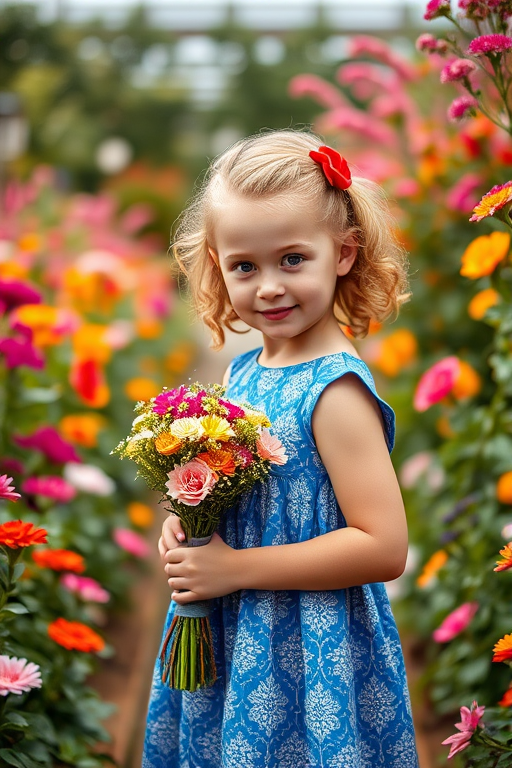 Create a high-resolution image of a young girl in a blue dress with a white pattern and a red ribbon in her curly blonde hair, standing in a lush garden filled with flowers, focused on her holding a bouquet, shot with a Canon EOS R5 at f/1.8, ISO 100, 85mm lens, portrait mode, soft natural lighting.