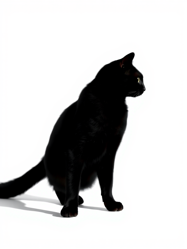 Generate a high-contrast black silhouette of a standing cat on a plain white background, using a DSLR camera with a 50mm lens at f/1.8, ISO 100, and a shutter speed of 1/200s, shot from an eye-level perspective in natural light for enhanced clarity and detail.