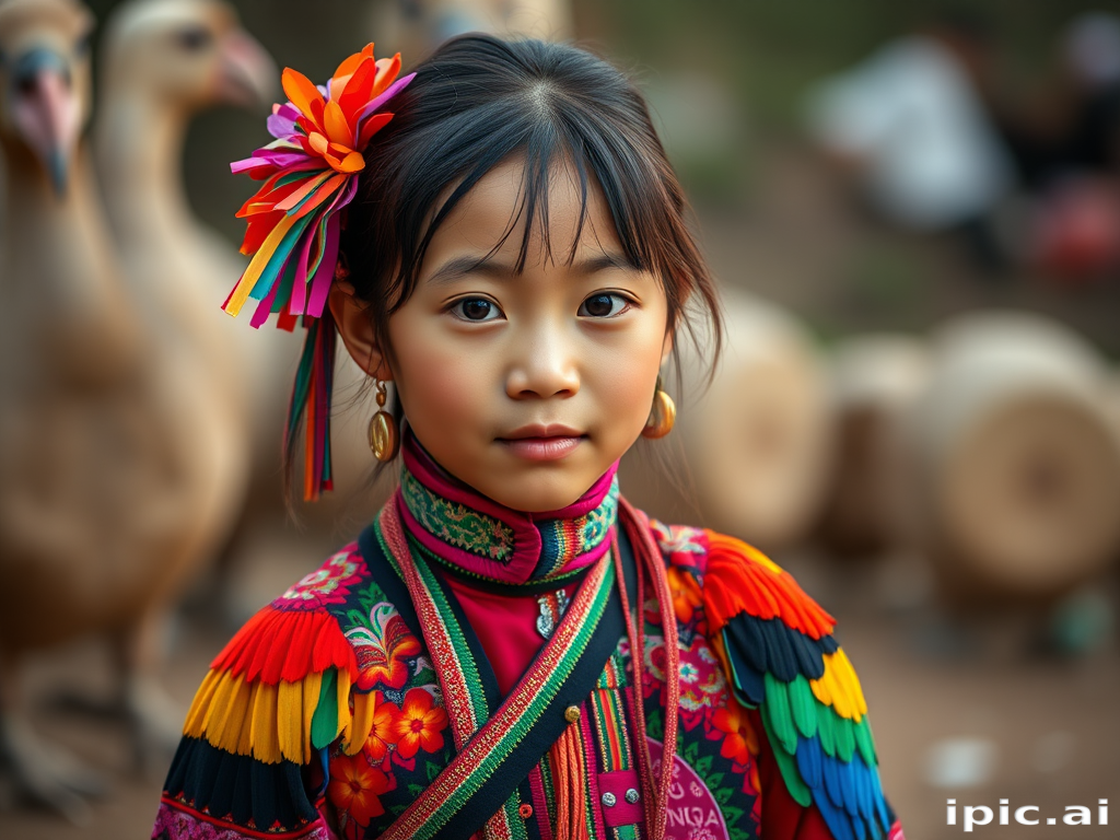 A beautiful Miao girl, wearing colorful bird clothing with vibrant colors