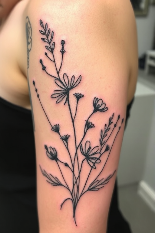 Sketch style tattoo called "Ephemeral Nature" showcasing flora and fauna with loose, gestural lines and subtle shading to create a hand-drawn appearance