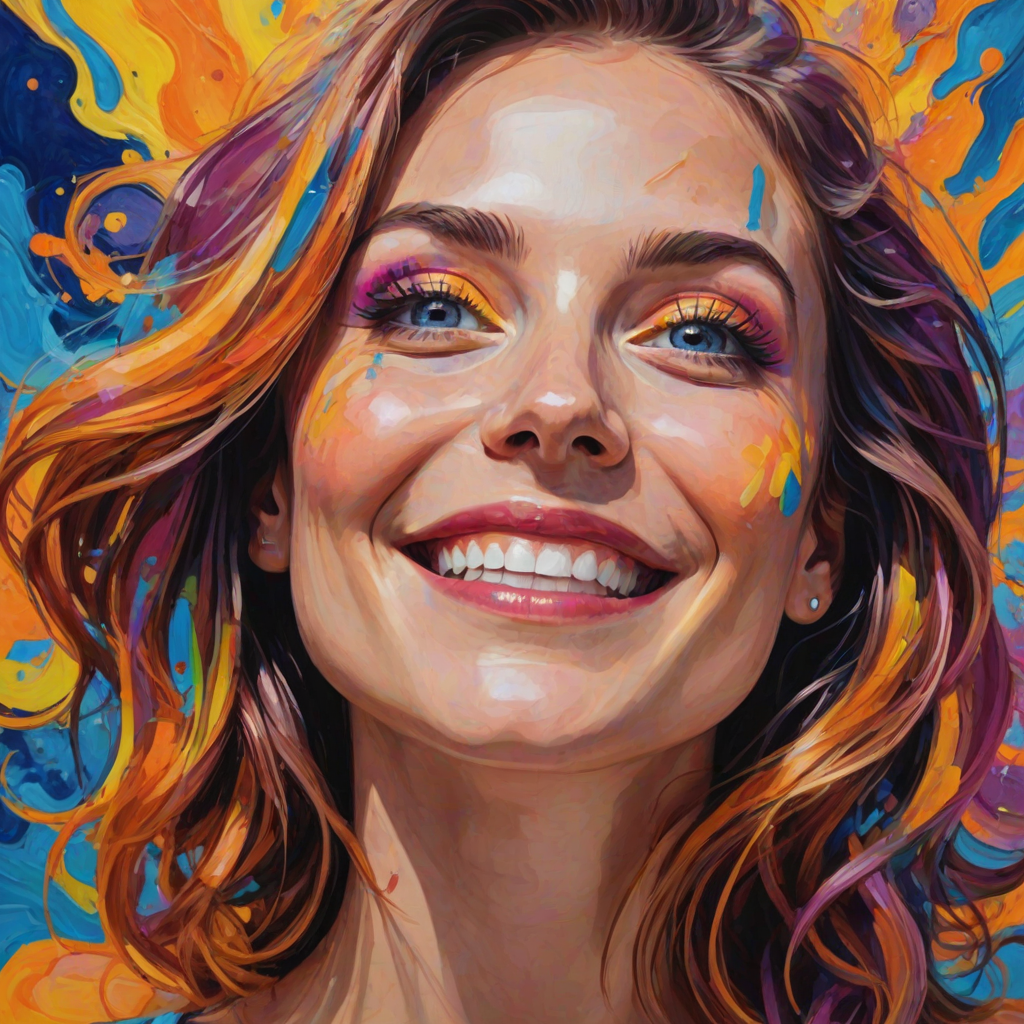 Generate a psychedelic portrait of a woman's happy face with brushstrokes of a woman smiling and looking up at the sky, emphasizing bright and bold colors. The dominant color should be deep blue, with swirling patterns of yellow, green, pink, purple and orange. open blue eyes with long eyelashes, apply an orange-yellow eyeshadow for a mesmerizing effect.