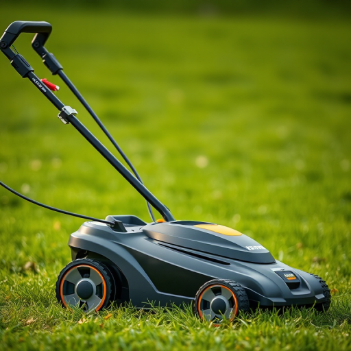 Create a high-resolution image of an electric lawn mower with a sleek design against a blurred green lawn background, using a DSLR camera with a 50mm lens, aperture set to f/2.8, ISO 100, and a shutter speed of 1/250s for crisp details and vibrant colors.