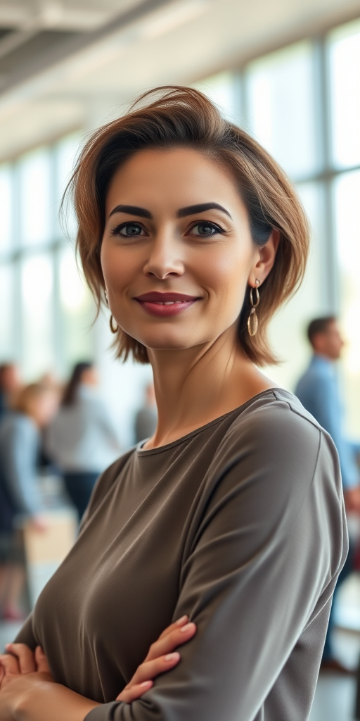 Portrait of a confident woman in a bright office setting with a soft-focus background of diverse people, using a Canon EOS R5 with a 50mm f/1.2 lens, aperture at f/2.8, ISO 100, 1/200 sec shutter speed, with natural light streaming through large windows.