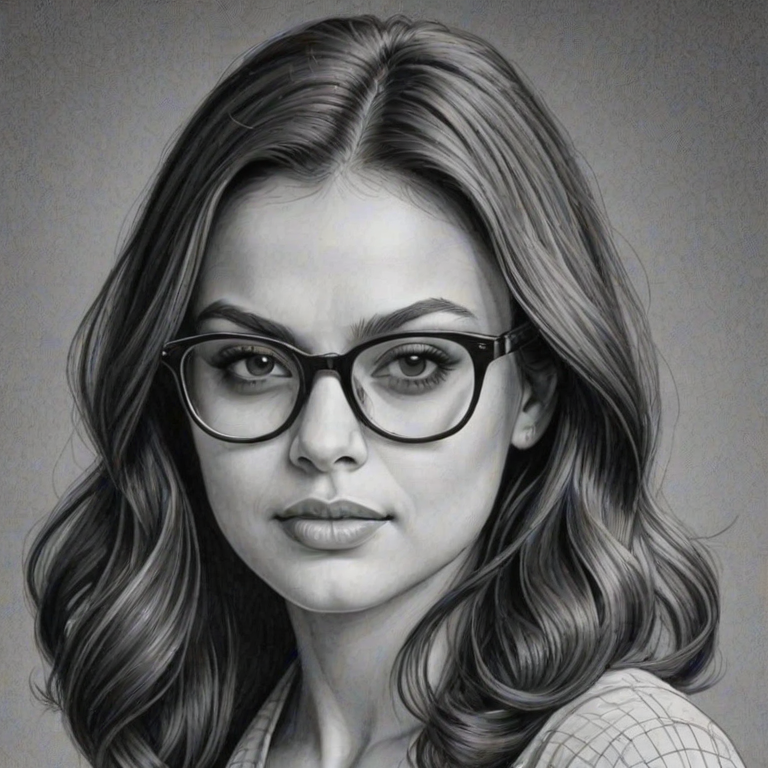 Delightful Mila Kunis, pencil sketch, portrait of Dazzling woman 1944s in glasses, hair style beatnik, outline, clear lines, fine lines, 8k
