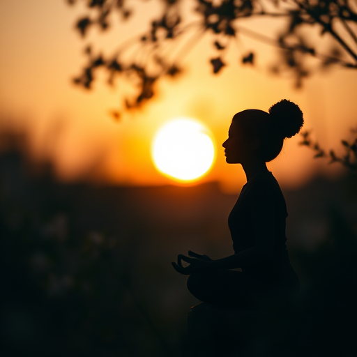 Create a serene image of a silhouette meditating with a floral background, using a 50mm lens at f/1.8, ISO 200, 1/200s shutter speed, captured with a DSLR camera in a soft focus style to enhance details and colors.