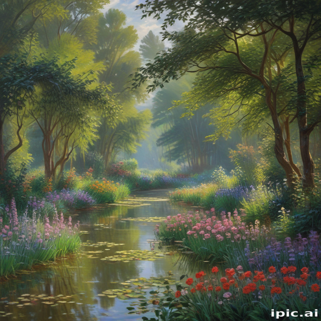 A Tranquil Forest Scene with a Serene Stream and Colorful Flowers.