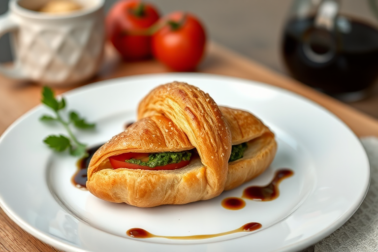 close-up shot of a croissant filled with fresh tomatoes and pesto on a minimalist plate with balsamic drizzle using a Canon EOS R5 with a 50mm f/1.2 lens, aperture set to f/1.8, shutter speed 1/125s, ISO 100, soft natural lighting from the side