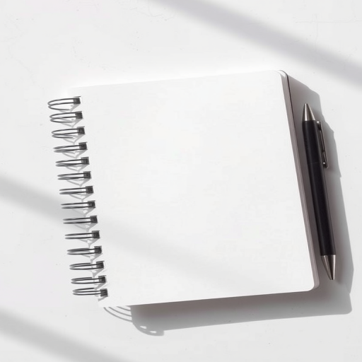 Create an image of a blank spiral notebook lying on a flat surface, captured with a DSLR camera set to ISO 100, aperture f/2.8, shutter speed 1/60 sec, in a top-down view with natural lighting to enhance clarity and detail.