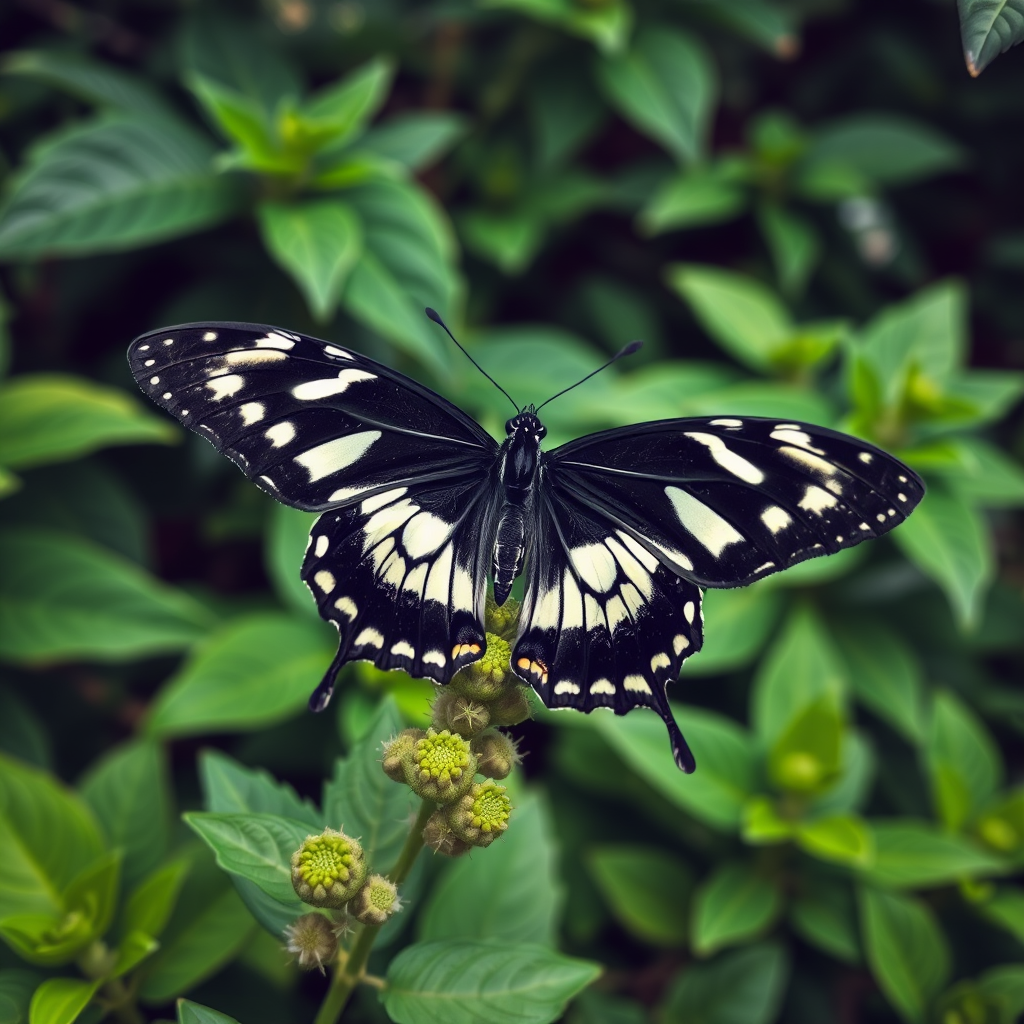 Generate an image of a butterfly perched on a green plant. The butterfly should have striking black wings with white markings. The background should feature lush green foliage, creating a vibrant natural setting. The focus should be on the butterfly, highlighting its intricate wing patterns and textures.