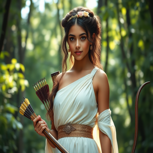 Create a portrait of a goddess-like Hispanic girl figure in a tranquil, forested environment. She has an elegant appearance with long, wavy hair styled in an updo and adorned with a delicate, floral headband. She wears a flowing, ancient Greek-inspired gown in a soft, pale color, featuring a one-shoulder design and draped fabric that accentuates her graceful form. The outfit includes a decorative belt with ornate gold detailing, and she holds a bow in her hand, with a quiver of arrows slung over her shoulder. The background depicts lush greenery, with sunlight filtering through the trees, casting a gentle, ethereal light on the scene. Her expression is calm and contemplative, embodying a sense of wisdom and serenity.