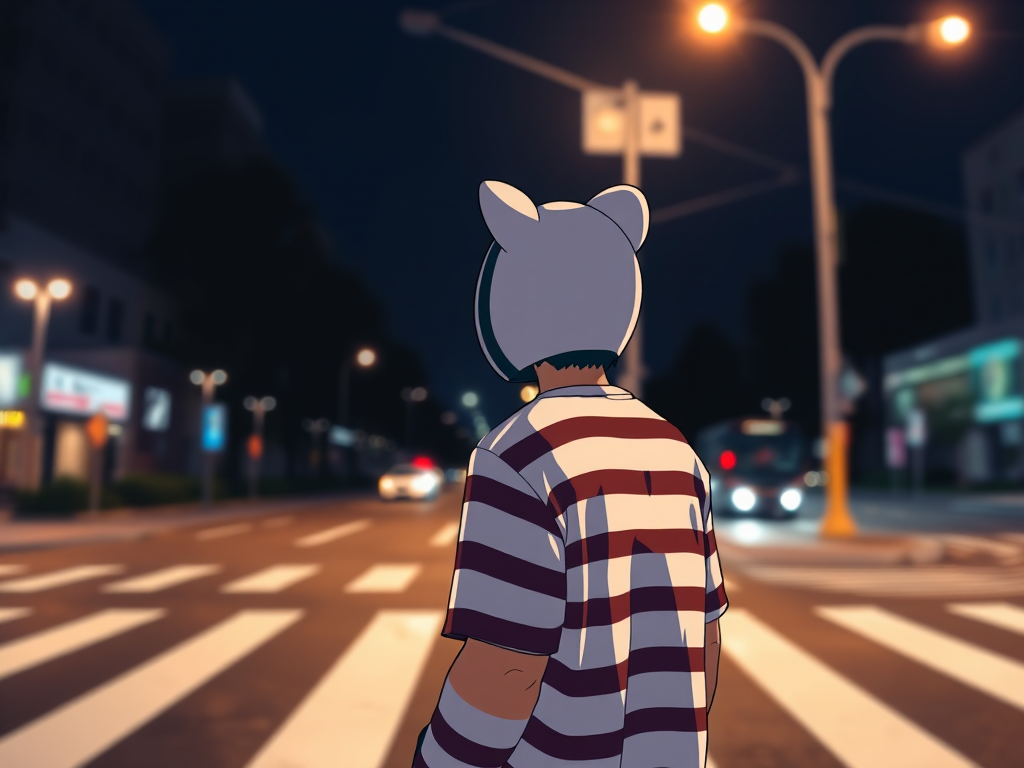 Create a night scene illustration of a person in a striped shirt and a cat ear hat standing at a crosswalk with blurred streetlights in the background, using a DSLR camera with a 50mm lens, aperture f/1.8, ISO 200, and a low angle view to emphasize depth and dynamic lighting.