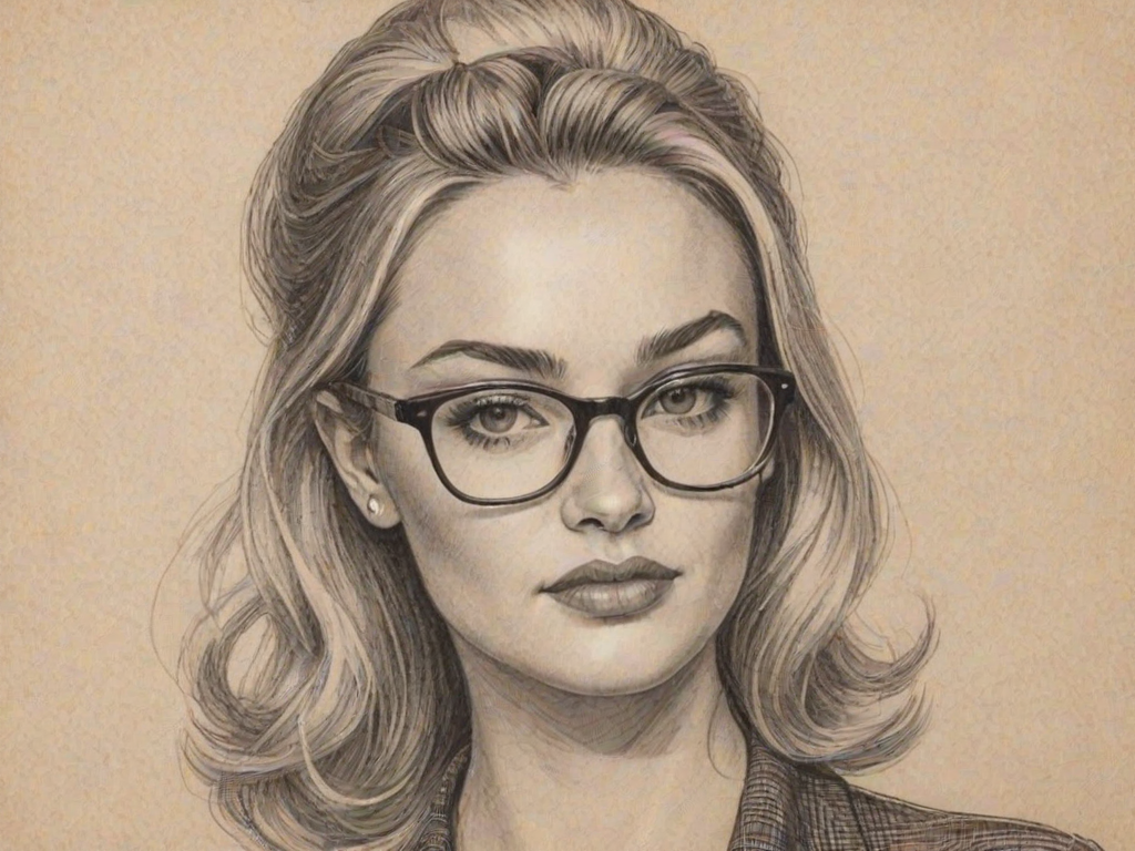 Fetching Hunter King, pencil sketch, portrait of Fascinating woman 1964s in glasses, hair style beatnik, outline, clear lines, fine lines, 8k