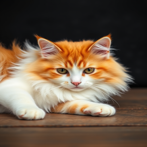 A fluffy orange and white cat lying on a wooden surface with a dark textured background, captured with a Canon EOS 5D Mark IV, 50mm lens, aperture f/1.8, ISO 200, natural light, shallow depth of field.