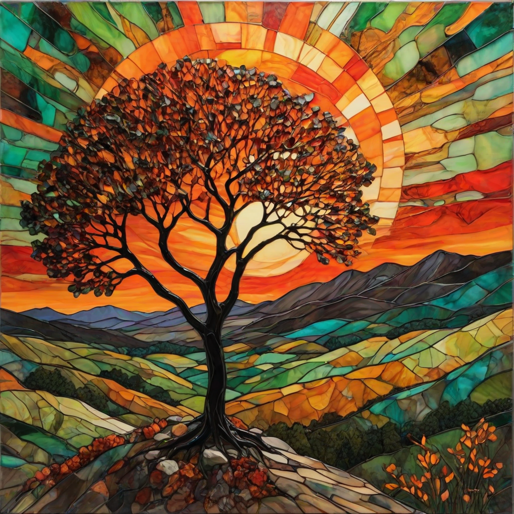 A vibrant abstract painting on Tiffany Glass, blending acrylic and alcohol ink techniques, captures a dramatic sunset over rolling hills. The artwork features a textured, rocky foreground in green and brown, layered abstract hills, and a striking sunset in rich oranges, yellows, and reds. A solitary black tree with intricate branches contrasts against the fiery sky, creating a dynamic and expressive portrayal of a breathtaking natural scene.