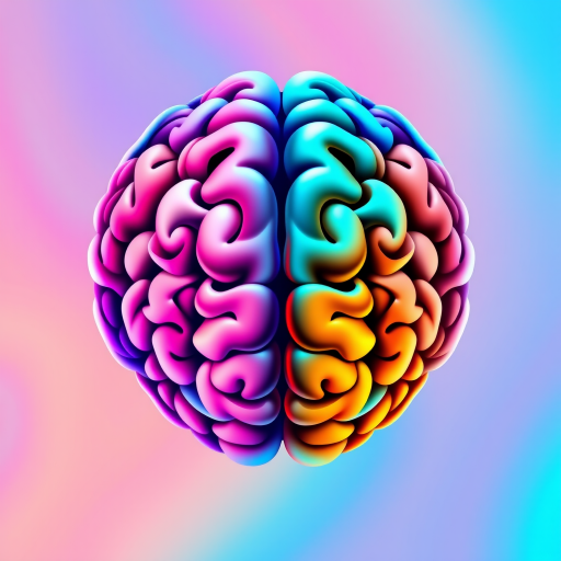 Create an illustration of a half brain and half heart design, vibrant colors blending from blue to pink and orange, using a digital art style with a high-resolution setting, shot with a Canon EOS R5 at f/8, 1/125s, ISO 100, and a 50mm lens for sharp focus and rich detail.