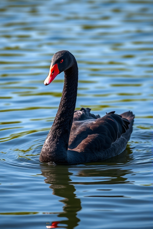 A graceful black swan gliding on calm waters, captured with a DSLR camera at f/2.8 aperture, ISO 100, 50mm lens, in soft natural light, from a low angle to enhance reflections in the water.