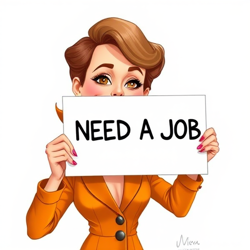 caricature of a smiling Emma Stone in a Tangerine dress or suit, holding up a sign that says "NEED A JOB", no watermark,
