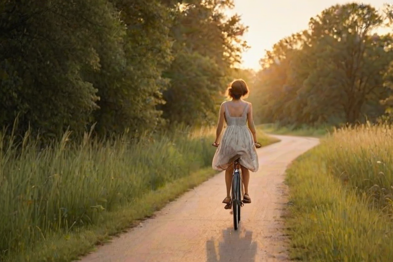 Quiet country road at sunset, tall grass swaying in the breeze, a woman rides a bicycle slowly down the path, her sundress fluttering behind her as the warm light bathes the landscape.