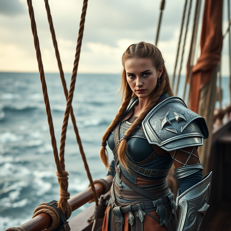 Create a high-resolution fantasy image of a warrior woman with long braided hair and intricate armor, standing on a ship's deck with a turbulent ocean in the background, using a Canon EOS R5 camera, focal length 50mm, aperture f/1.8, ISO 100, with soft natural lighting to enhance skin tones and a depth of field effect to blur the background slightly.