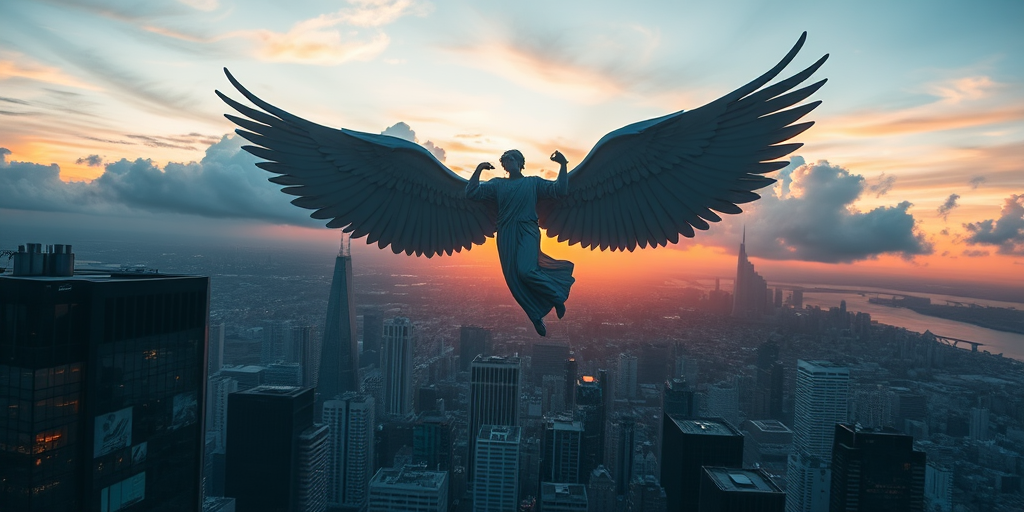 Create an epic scene of a giant angelic figure soaring over a modern cityscape at sunset, using a DSLR camera with a 24mm lens, aperture set at f/8, ISO 100, and a shutter speed of 1/200 sec, with a wide-angle view to capture the vastness of the landscape.