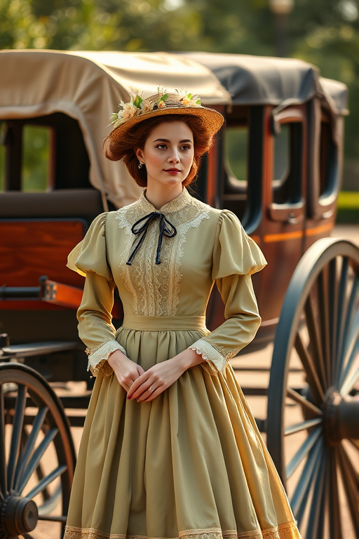 Generate a high-quality vintage illustration of a woman in period dress standing beside a horse-drawn carriage, captured with a Canon EOS R, 50mm f/1.8 lens, natural lighting, shallow depth of field, and a soft focus background for enhanced detail.