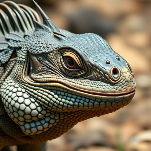 Close-up shot of a giant lizard head with intricate scales and a focused gaze, shallow depth of field, ISO 100, f/2.8 aperture, 85mm lens, natural lighting, DSLR camera.