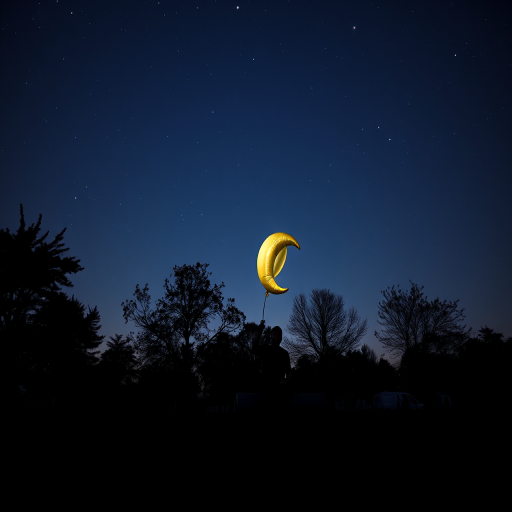A serene night scene featuring silhouetted trees against a starry sky, a person sitting on a bench holding a balloon shaped like a crescent moon, with distant figures in the background; captured with a Canon EOS R5, 50mm f/1.8 lens, aperture set to f/2.8, ISO 800, at a shutter speed of 1/60s for enhanced clarity and depth.