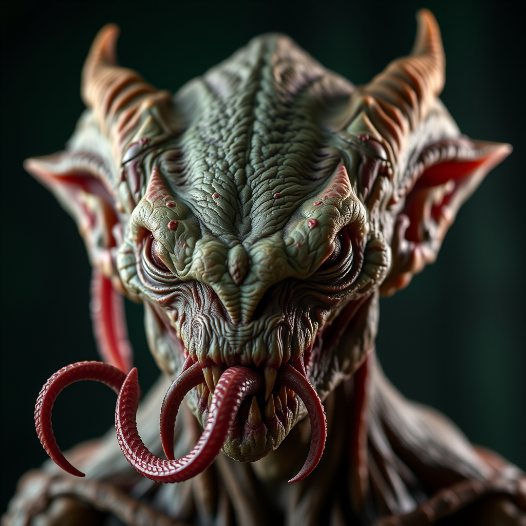 Create a highly detailed portrait of a fantastical creature with intricate skin textures, exaggerated features like a tentacled mouth and pointed ears, set against a softly blurred dark green background, shot with a Canon EOS R5 at f/1.2, ISO 100, 85mm lens, using Rembrandt lighting for dramatic shadows and highlights.