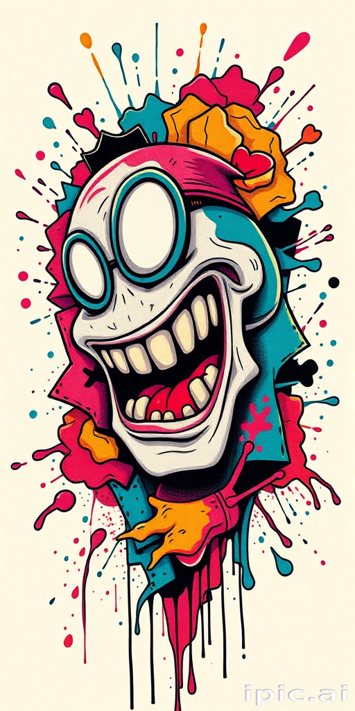 New school graffiti tattoo with bold, cartoonish characters and vibrant color splashes, incorporating elements of street art and pop surrealism for a dynamic and playful design