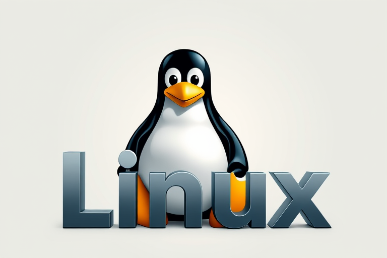 Create a high-resolution image of the Linux mascot Tux with the word "Linux" in a modern, sleek font, using a 50mm lens, f/1.8 aperture for shallow depth of field, ISO 200, and natural light against a simple, uncluttered background.