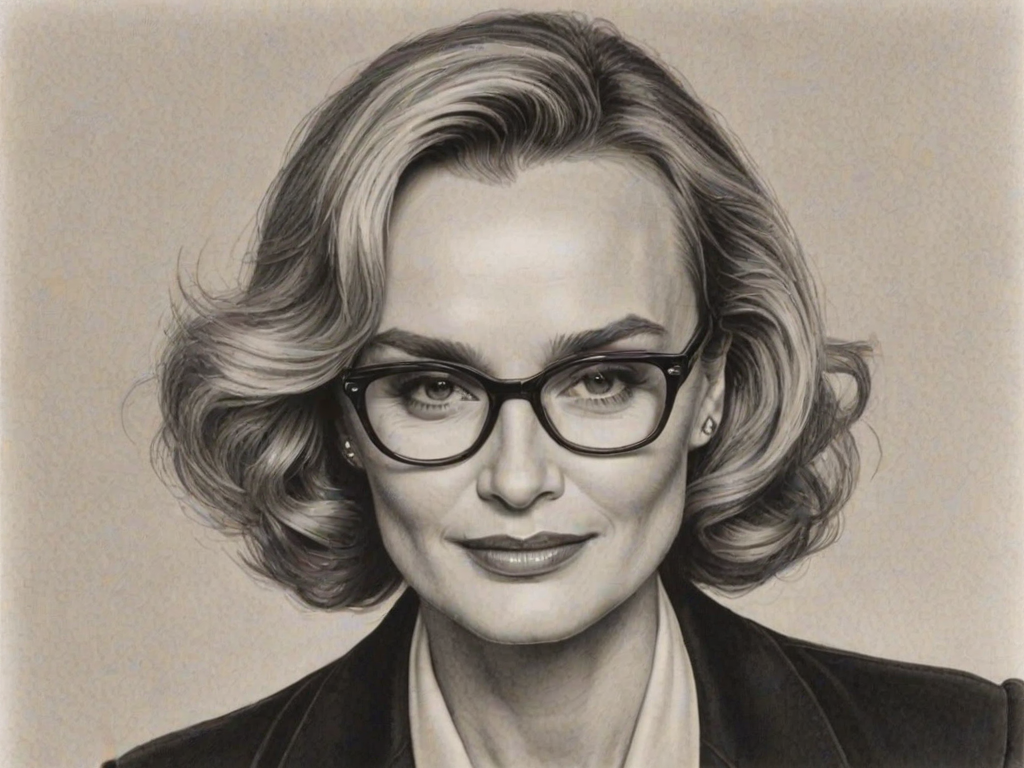 Captivating Jessica Lange, pencil sketch, portrait of Stunning woman 1947s in glasses, hair style beatnik, outline, clear lines, fine lines, 8k