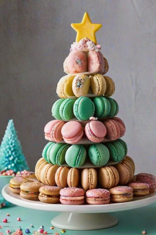Create an image of a whimsical dessert tower shaped like a Christmas tree. The tower should be decorated with an assortment of colorful macarons, donuts, and ice cream cones. Add popcorn and various candies in pastel shades, with a drizzling of chocolate on the base. The overall look should be festive and playful, evoking a sense of celebration and joy.